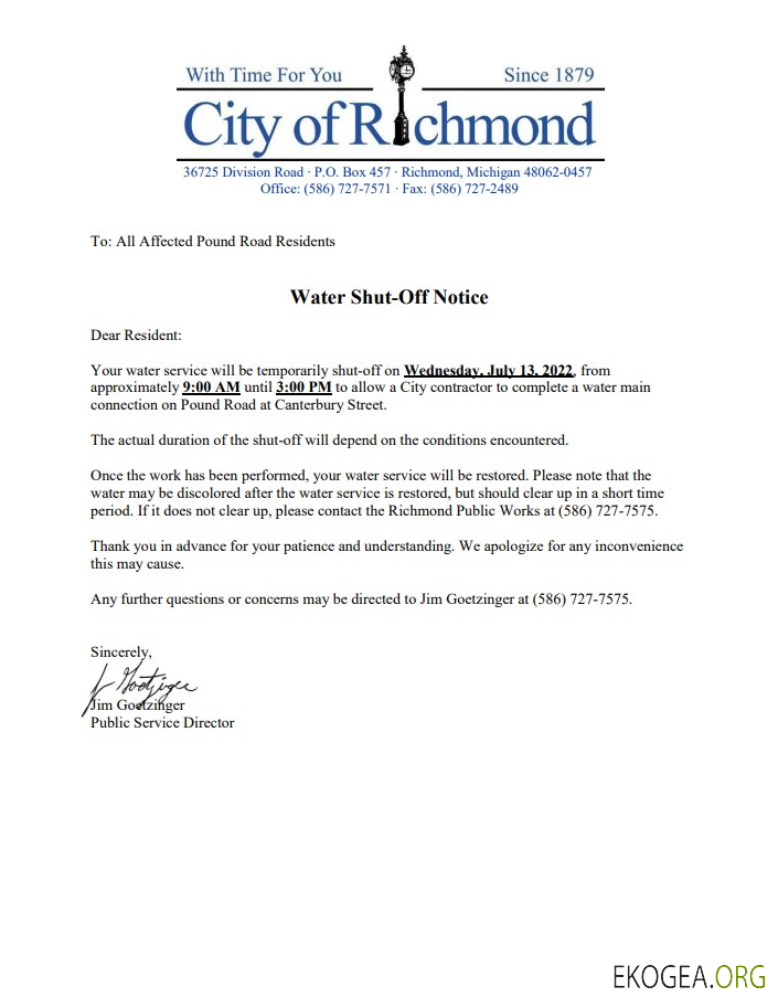USA Michigan City of Richmond water utility bill shutoff notice, Word and PDF template